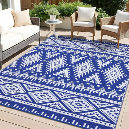 VIKAMA Bohemian Geometric Outdoor Rug Non-Slip Wear-Resistant Balcony Terrace Mat Camping Picnic RV Carpet Home Decoration