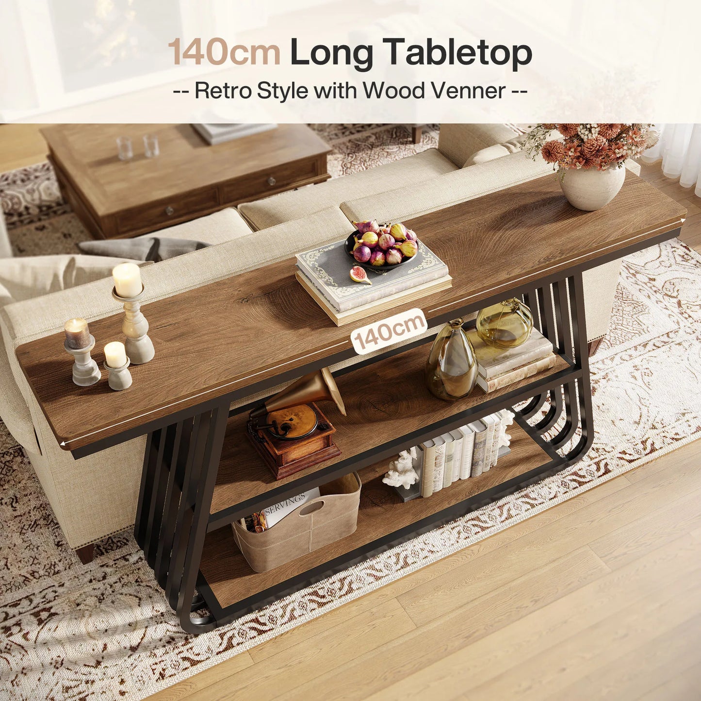 Tribesigns 55" Entryway Table with Shelves, 3-Tier Console Table Sofa Table with Iron Frame, Wooden Entry Table for Living Room, Foyer, Hallway, Industrial Style