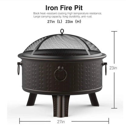 Large Outdoor Fire Pit Bowl - Round Wood Burning Patio Firebowl with Portable Poker and Spark Screen