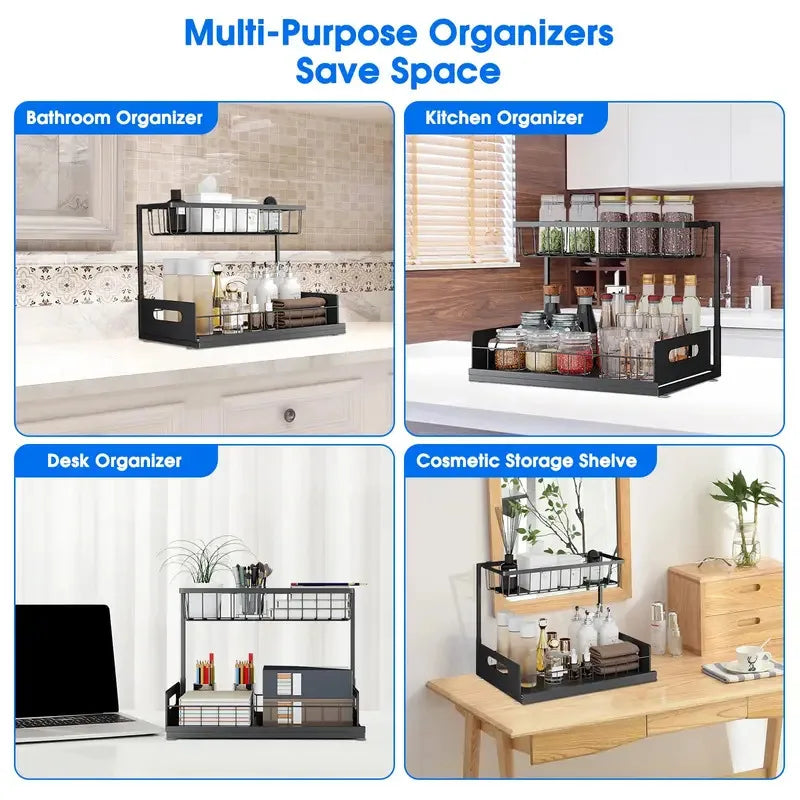 Double-layer Sliding Rail Basket Under-Sink Storage Rack Bathroom Kitchen Storage