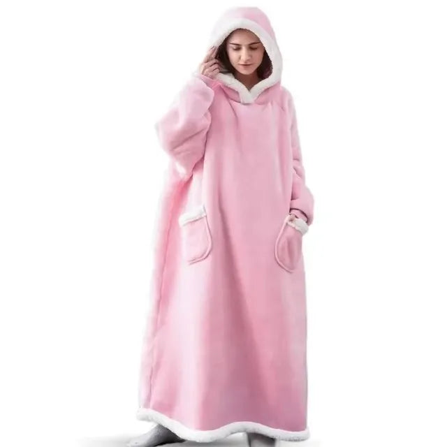 Extra Long Wearable Blankets Winter Flannel Hooded Blanket with Full Sleeves Men Women Cozy Soft Throw Adult TV Blanket