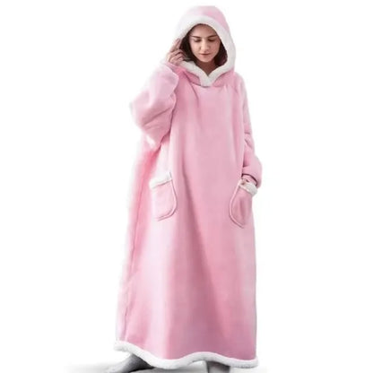 Extra Long Wearable Blankets Winter Flannel Hooded Blanket with Full Sleeves Men Women Cozy Soft Throw Adult TV Blanket