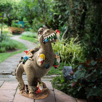 17CM Dinosaur vs Gnome Resin Statue Handmade Fantasy Sculpture Outdoor Garden Art Office Desk Decor Humorous Craft Figurine