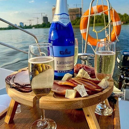 For Garden Party Folding Outdoor Wooden Table Round Collapsible Picnic Desk With Wine Glass Holder 2in1 Rack