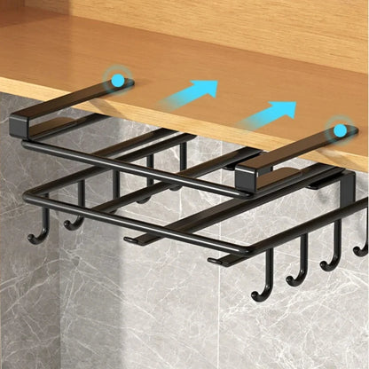 Kitchen Under Cabinet Hanging Organizer Rack with Hooks Multi Purpose Holder for Paper Towel Cutting Board Pot Lids