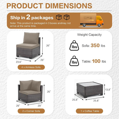 7 Pieces Outdoor Patio Furniture Sets, All-Weather Sectional Sofa Dark Brown PE Rattan Wicker Conversation, Customized