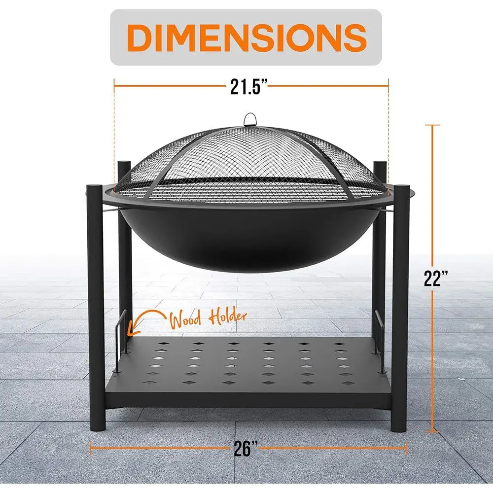 Outdoor Wood Fire Pit - 26" Steel BBQ Grill with Mesh Spark Screen, Log Grate, Fire Poker & Cover for Camping, Picnic, Bonfire -