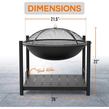 Outdoor Wood Fire Pit - 26" Steel BBQ Grill with Mesh Spark Screen, Log Grate, Fire Poker & Cover for Camping, Picnic, Bonfire -