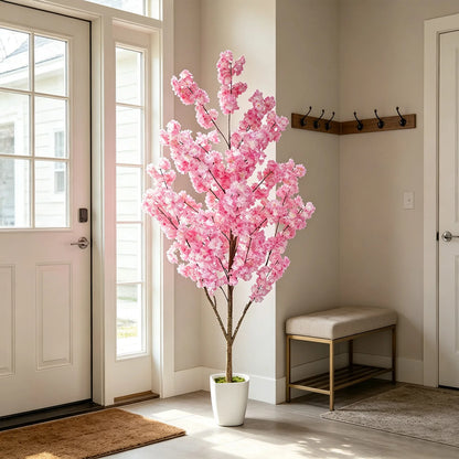 160-210cm/6.9ft Artificial Cherry Blossom Tree Plant Indoor Outdoor Ornament Fake Plant for Home Wedding Party Living Room Decor