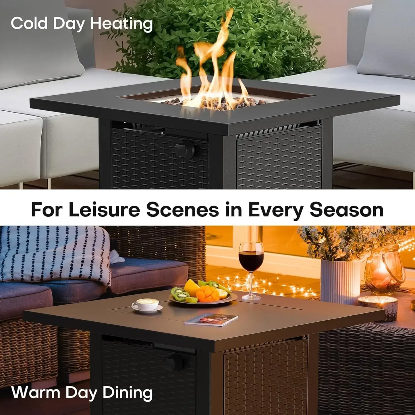 L # Wicker &Rattan Square Propane Fire Pit Table, Outdoor Dinning Gas Fire Table With Lid, Lava Stone, ETL Certification