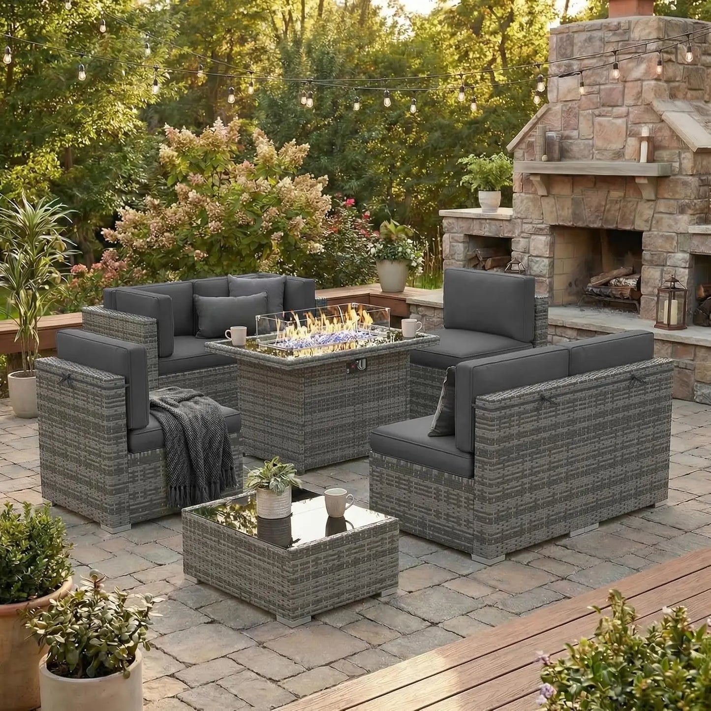8 Pieces Patio Furniture Set with 44" Propane Gas Fire Pit Table, Outdoor Sectional Wicker Conversation Sofa Sets, Customized
