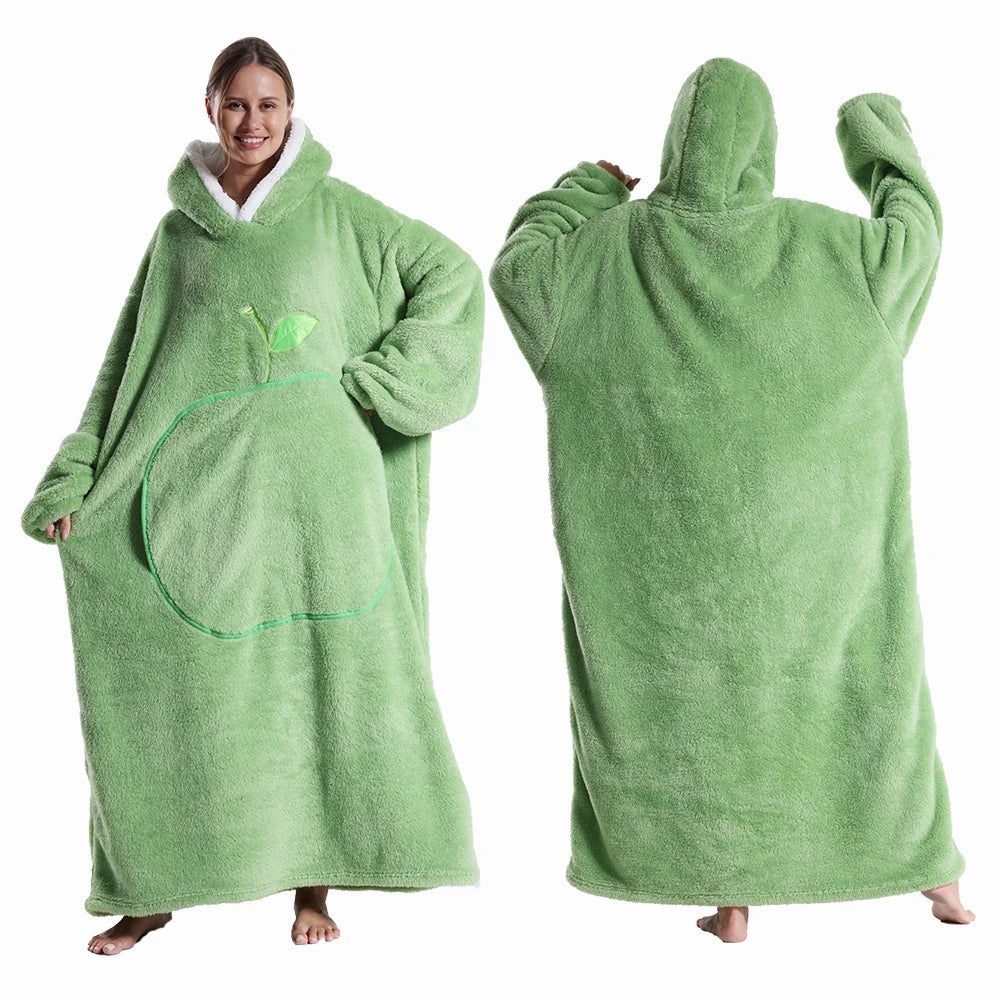 Winter Hooded Sweater Blanket Women Oversized Fleece Blanket With Sleeves Large Pocket Warm Thick TV Hoodie Robe Couple