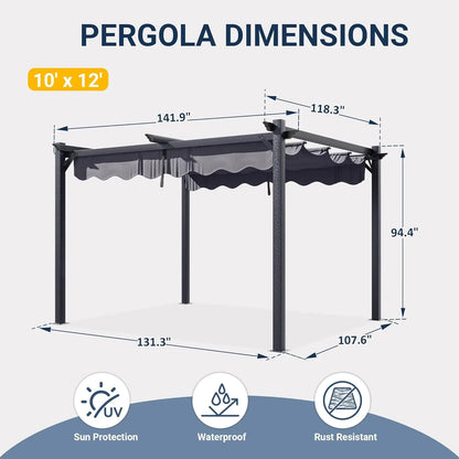 10'x12' Outdoor Pergola with Retractable Canopy, Patio Metal Heavy-Duty Gazebo Shelter for Backyard, Deck, Garden, Customized