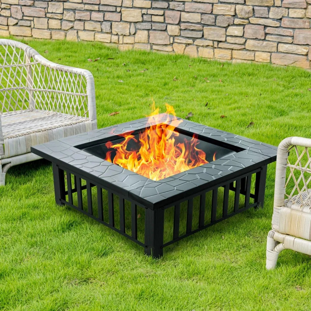 32 Inch Fire Pit, Square Outdoor Fire Pit Table with Spark Screen & Fire Poker, 3-in-1 Multipurpose Firepits for Outside