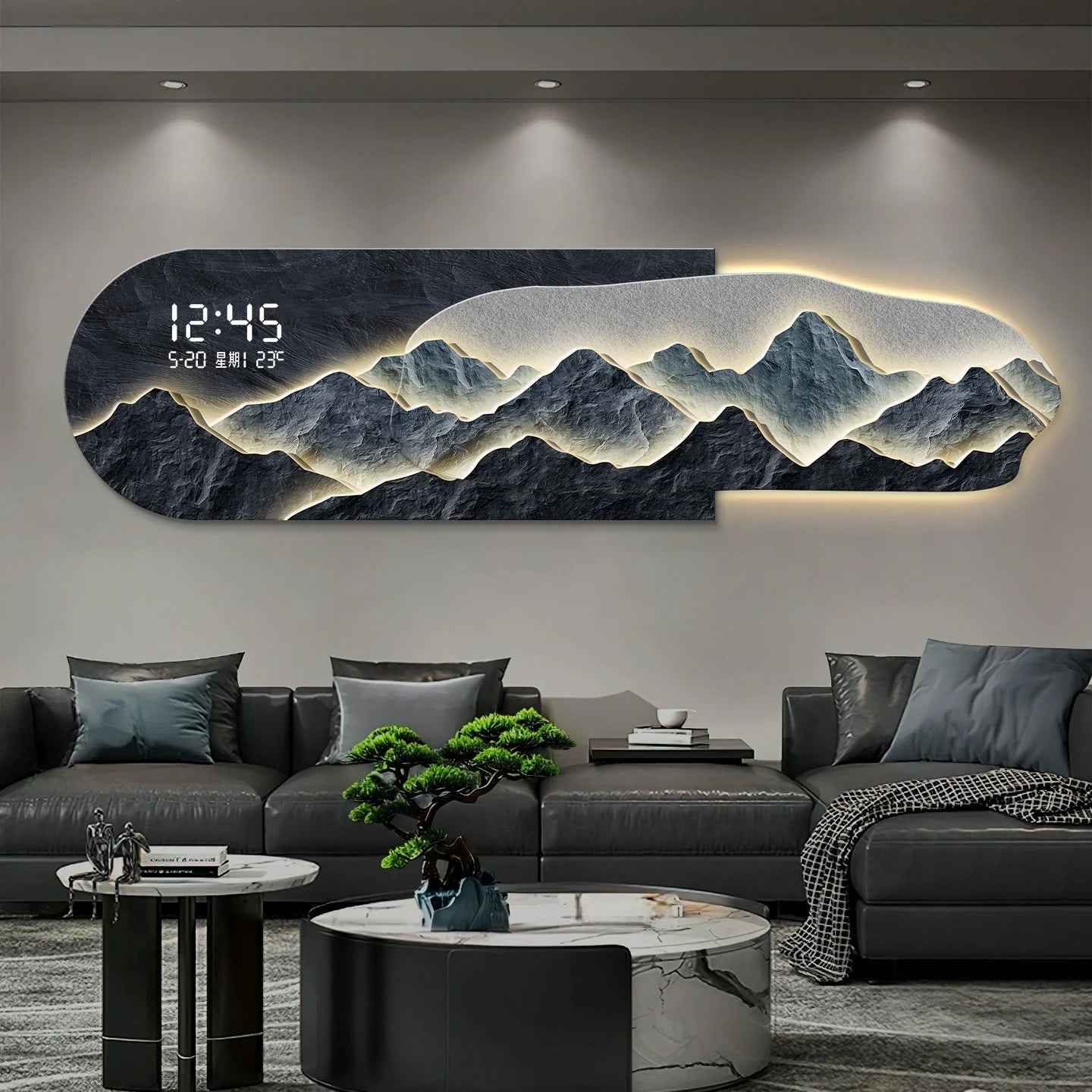 2026 High End Living Room Decoration Painting LED Digital Electronic Clock Mountain Back Atmosphere Light Hanging Painting