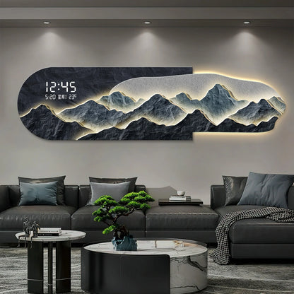 2026 High End Living Room Decoration Painting LED Digital Electronic Clock Mountain Back Atmosphere Light Hanging Painting