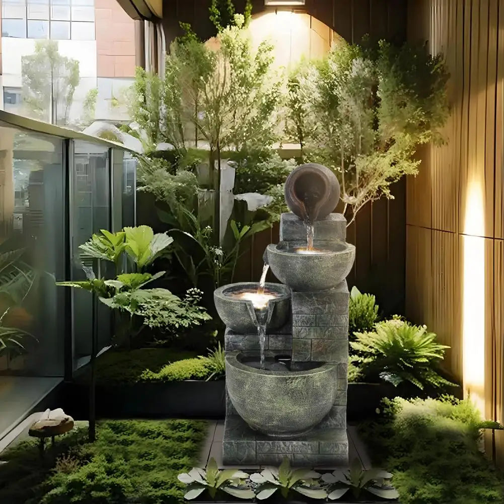 Garden Fountain, 23.6" 4-Tiers Cascading Bowls LED Light Outdoor Garden Water Fountain, Decorative Outdoor Water Fountain
