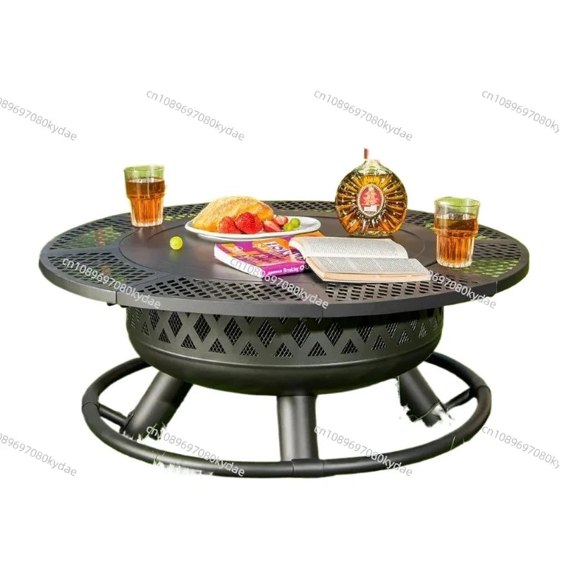 36 Inch Wood Burning Fire Pit with Grill: Outdoor Fire Pits with Lid & Fire Poker  3 in 1 Round Metal Firepit Table With