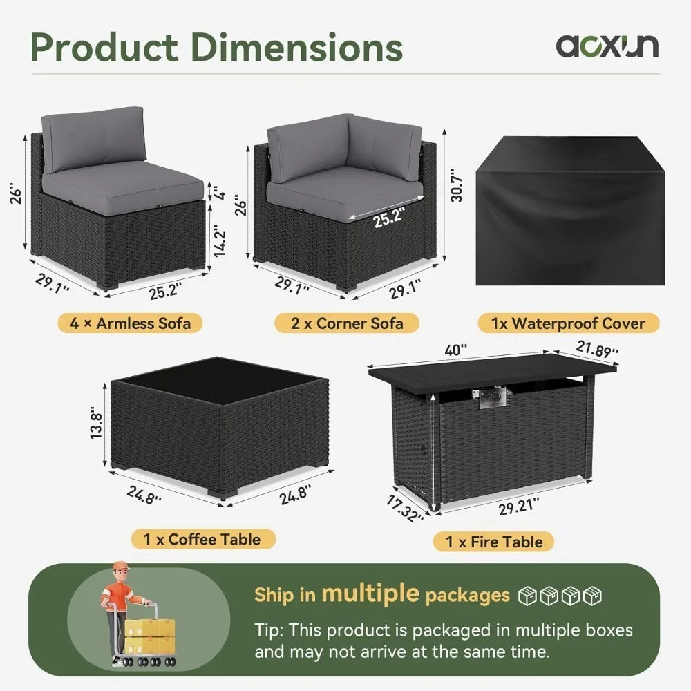 8-Piece Wicker Patio Sectional Sofa Set with 44" Fire Pit Table & Thickened Cushion for Outdoor, Custom