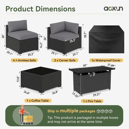 8-Piece Wicker Patio Sectional Sofa Set with 44" Fire Pit Table & Thickened Cushion for Outdoor, Custom