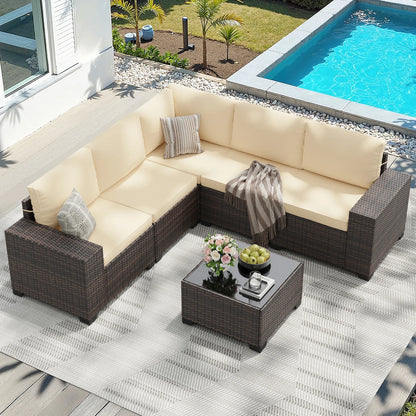6 Pieces Patio Furniture Set with 44" Fire Pit Table, Outdoor Sectional Rattan Conversation Set for Garden, Porch, Backyard