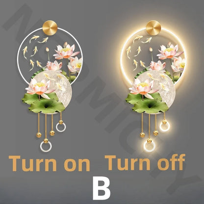 Koi Carp Living Room  Study Room  Bedroom Decoration  Painting Lamp  Lotus Corridor  Hanging Painting Of Nine Fish Wall Lamp LED
