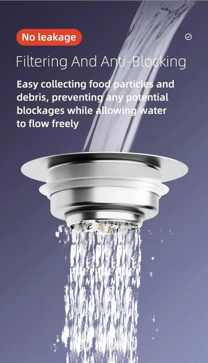 3-in-1 Stainless Steel Kitchen Sink Strainer - Pop-Up Stopper with Anti-Clogging Basket and Odor Filter, Easy Clean Drain Strain