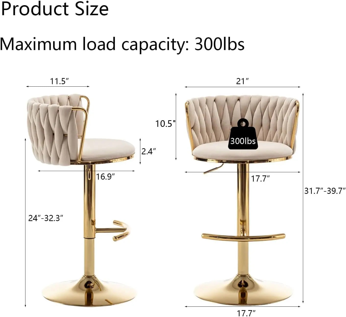 Gold Velvet Bar Stools Set of 3, Swivel Counter Height Bar Stools with Back, Adjustable Woven Barstools for Kitchen, Customized
