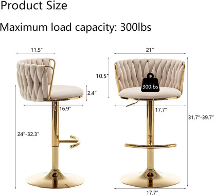 Gold Velvet Bar Stools Set of 3, Swivel Counter Height Bar Stools with Back, Adjustable Woven Barstools for Kitchen, Customized
