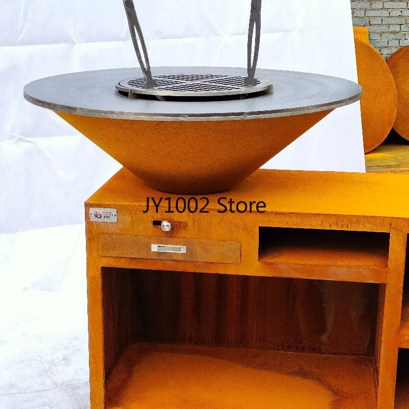 Heavy-Duty Steel BBQ Fire Pit Charcoal Grill with Wheels Rusty Finish for Outdoor Garden Cooking