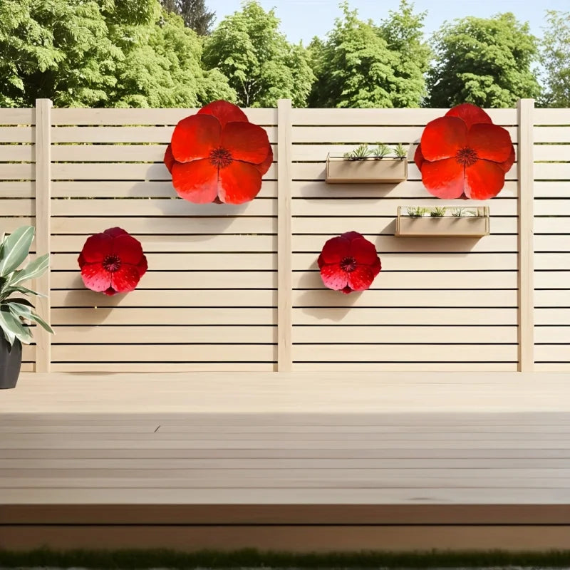 Set of 2 Giant Red Metal Poppy Flowers - Outdoor Wall/Fence Decor for Home, Garden, Spring & Summer Accents