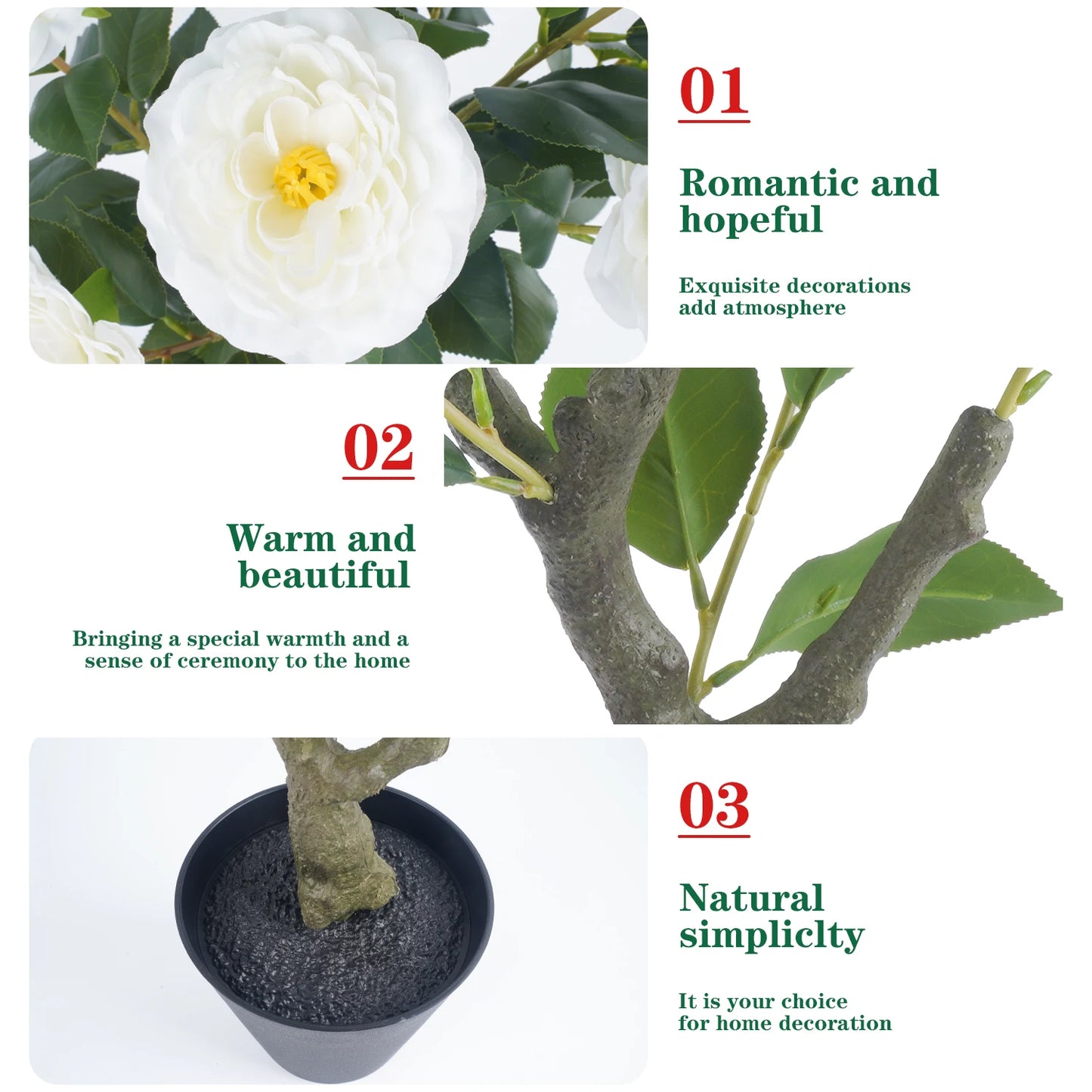 85cm Camellia Topiary Tree with Pot/Spike Realistic Fake Flower Plant Indoor Outdoor Faux Bonsai for Home Garden Office Decor