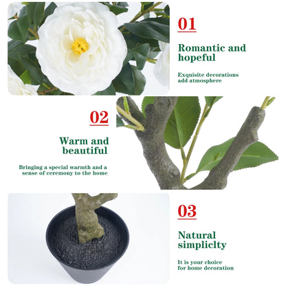 85cm Camellia Topiary Tree with Pot/Spike Realistic Fake Flower Plant Indoor Outdoor Faux Bonsai for Home Garden Office Decor