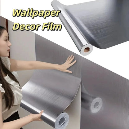 PVC Material Wallpaper Decor Film Waterproof Stainless Brushed Silver Vinyl Wallpaper 40 cm Width Oil-Proof Adhesive Wallpaper