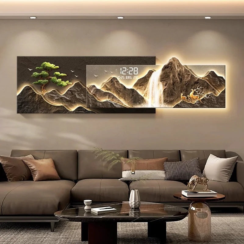Living Room Decoration Lights Painting Light Luxury Sofa Background Wall Clock Lights Painting High-end Clock Hanging Painting