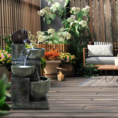 Garden Fountain, 23.6" 4-Tiers Cascading Bowls LED Light Outdoor Garden Water Fountain, Decorative Outdoor Water Fountain