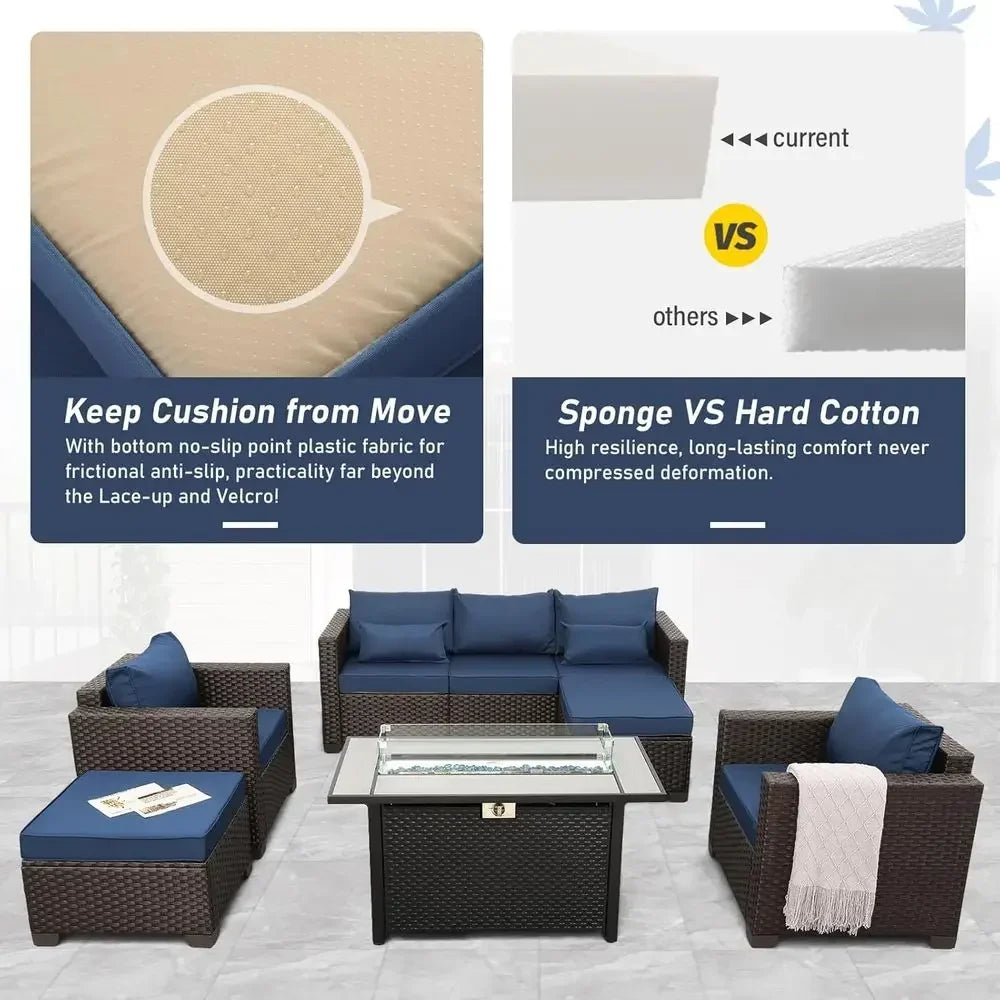 6-Piece Outdoor Patio Furniture Set with 45 Propane Fire Pit, Navy Blue Wicker Sofa, Non-Slip Cushions, Waterproof Covers