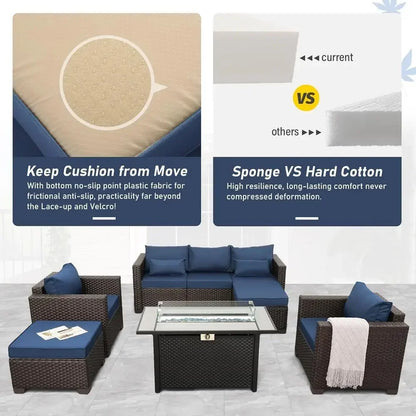 6-Piece Outdoor Patio Furniture Set with 45 Propane Fire Pit, Navy Blue Wicker Sofa, Non-Slip Cushions, Waterproof Covers