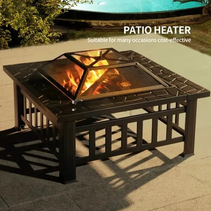 Modern Black Powder Coated Metal Fire Pit Table - Square Wood Burning Stove Heavy Duty Rustproof  Outdoor Patio Garden BBQ Party