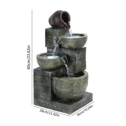 Garden Fountain, 23.6" 4-Tiers Cascading Bowls LED Light Outdoor Garden Water Fountain, Decorative Outdoor Water Fountain