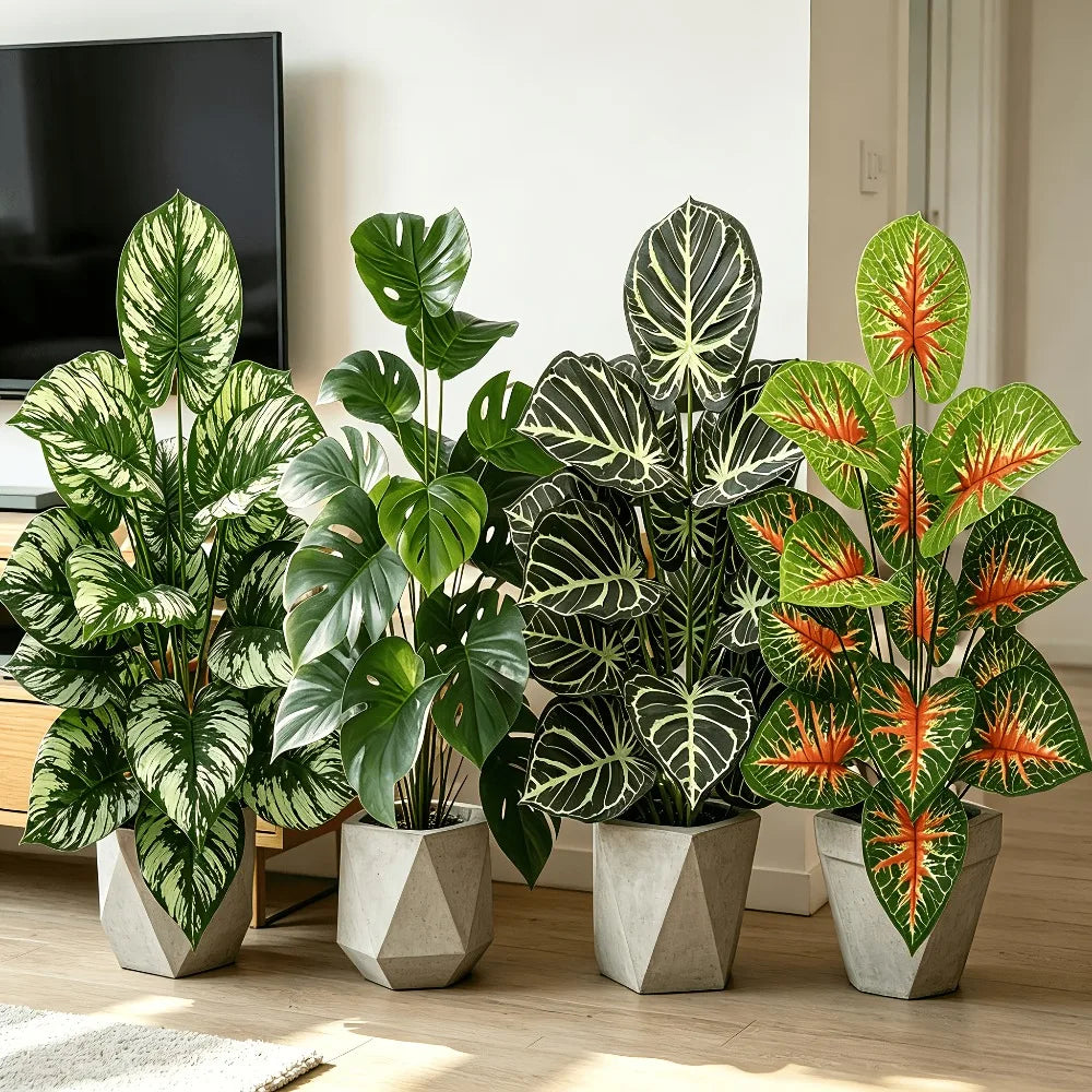 4pcs Artificial Plant Set Broadleaf Tropical Rainforest Palm Tree Indoor Outdoor Potted Plants for Wedding Office Hotel Garden