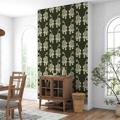 Peel and Stick Olive Green Tiger Wallpaper,Vintage Aztec Tiger Wallpaper,Retro Self adhesive Or Tradition Non-woven Animal Paper