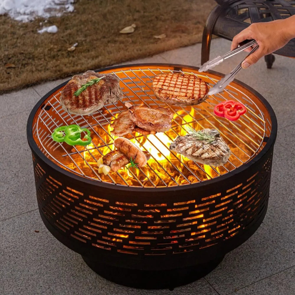 26 Inch Wood Burning Fire Pit Table with Grill Lid Cover Fire Poker for Outdoor BBQ Bonfire-NEW