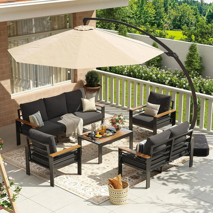 7-Seat Oversized Aluminum Patio Set, Washable Thick Cushions, Coffee Table & Umbrella, Custom
