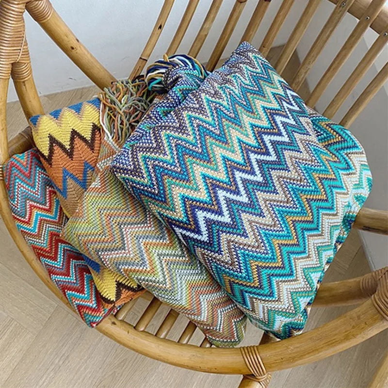 Bohemian Throw Blanket Geometric Knitted Blanket for Bed Plaid Living Room Boho Home Decor Travel Thread Blanket With Tassel INS