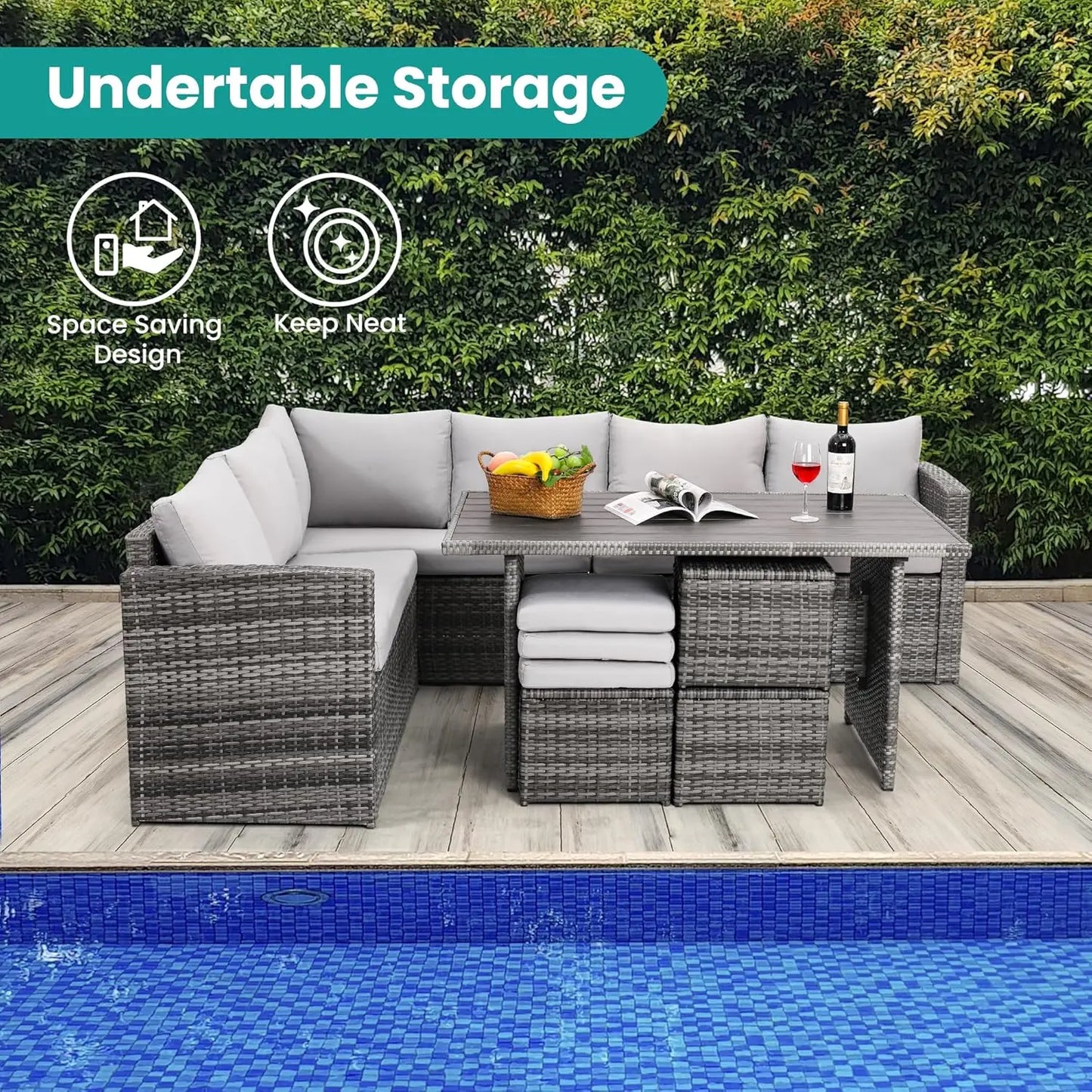 7pc Wicker Patio Furniture Set Dining Table Chairs Ottoman Outdoor Garden Grey, Custom