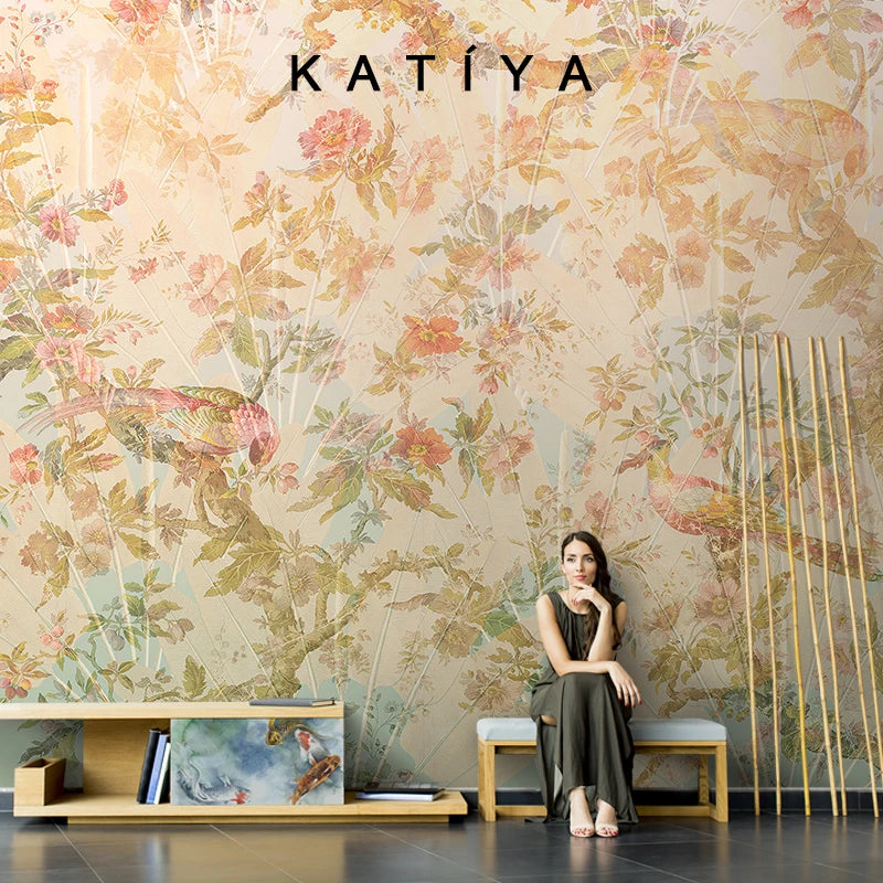 Customized products flower and bird wallpaper new Chinese pastoral flower living room bedroom sofa background wall hotel mural