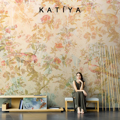 Customized products flower and bird wallpaper new Chinese pastoral flower living room bedroom sofa background wall hotel mural