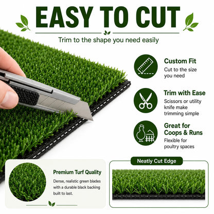 6FT x 30FT Artificial Grass Turf Roll, 0.4in Poultry Coop Flooring Mat for Chickens & Ducks, Quick Drain Synthetic Grass Rug with Black Backing, Easy to Clean Outdoor Farm Run Ground Cover with Stakes