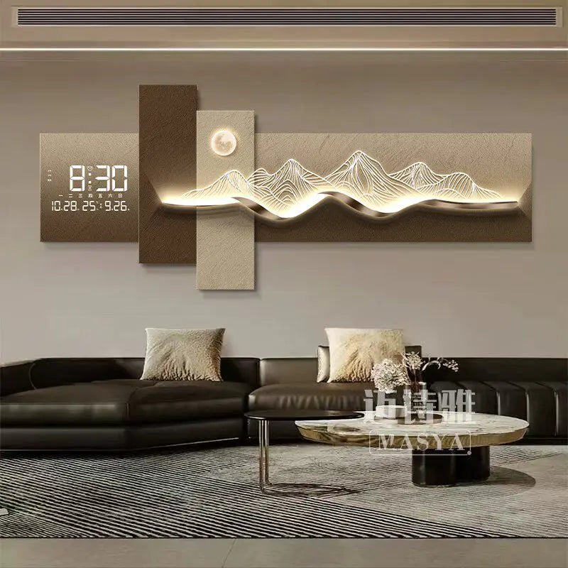 Modern Living Room Decoration Painting With Mountain Backed Led Clock Wall Lamp Painting Sofa Background Wall Hanging Painting